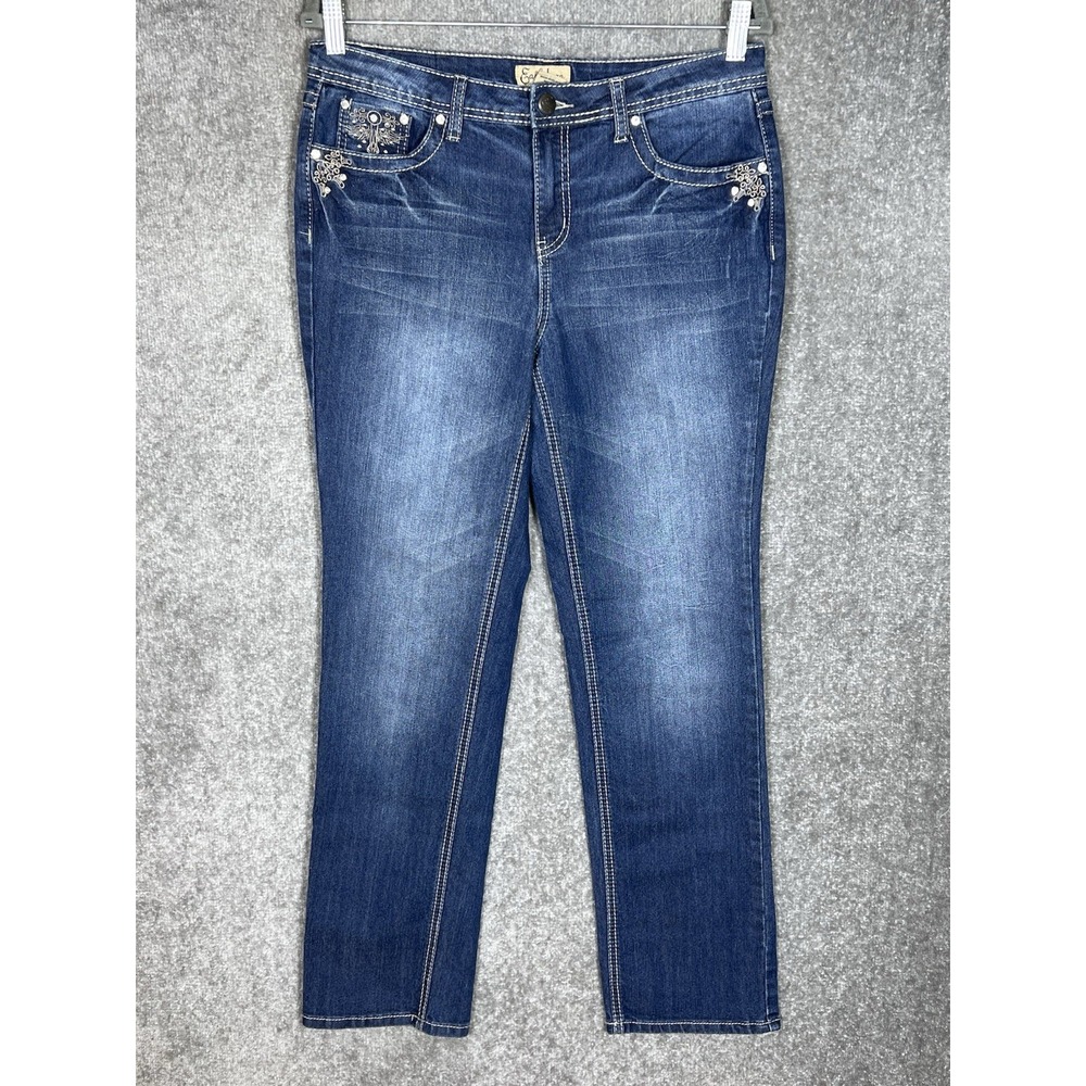 Earl Jeans‎ Womens Size 10 Blue BLING Embroidered Straight Leg Pockets Stretch